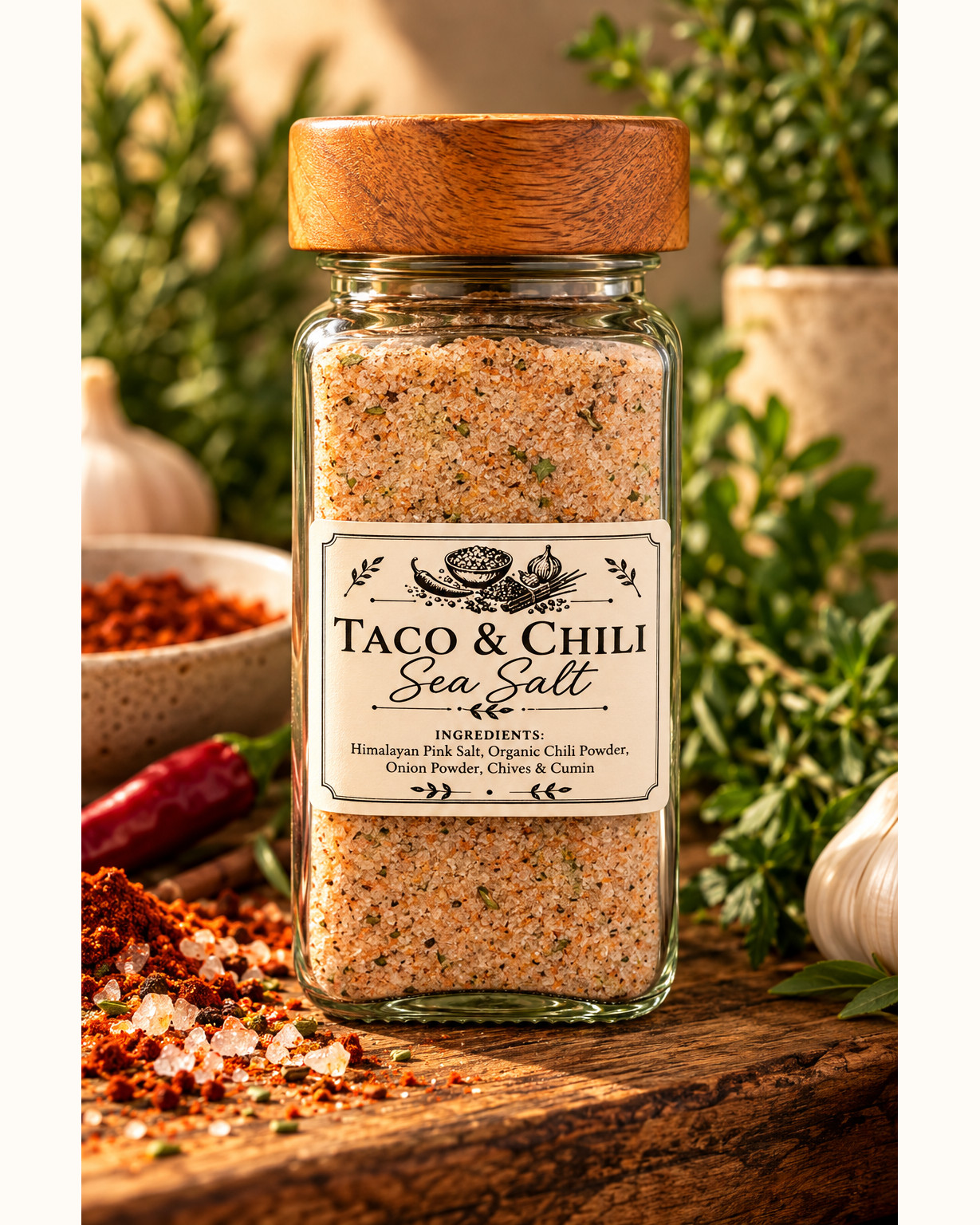 Taco & Chili sea salt in a clear jar with a wooden cap, on rustic timber with chili powder, garlic and green herbs