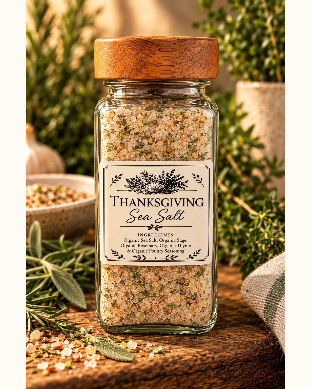 Thanksgiving sea salt in a clear jar with a wooden cap, on a weathered wood table with sage, rosemary and a green linen towel