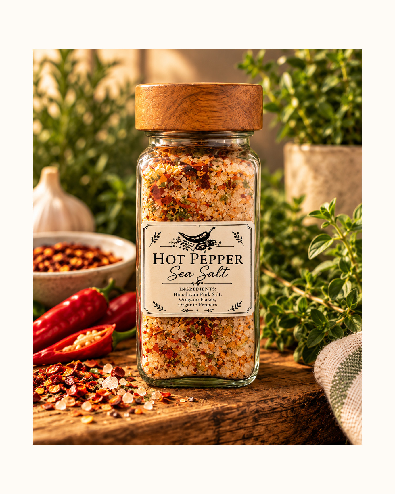 Hot Pepper sea salt in a clear jar with a wooden lid, on rustic wood with fresh red chilies, garlic and herbs