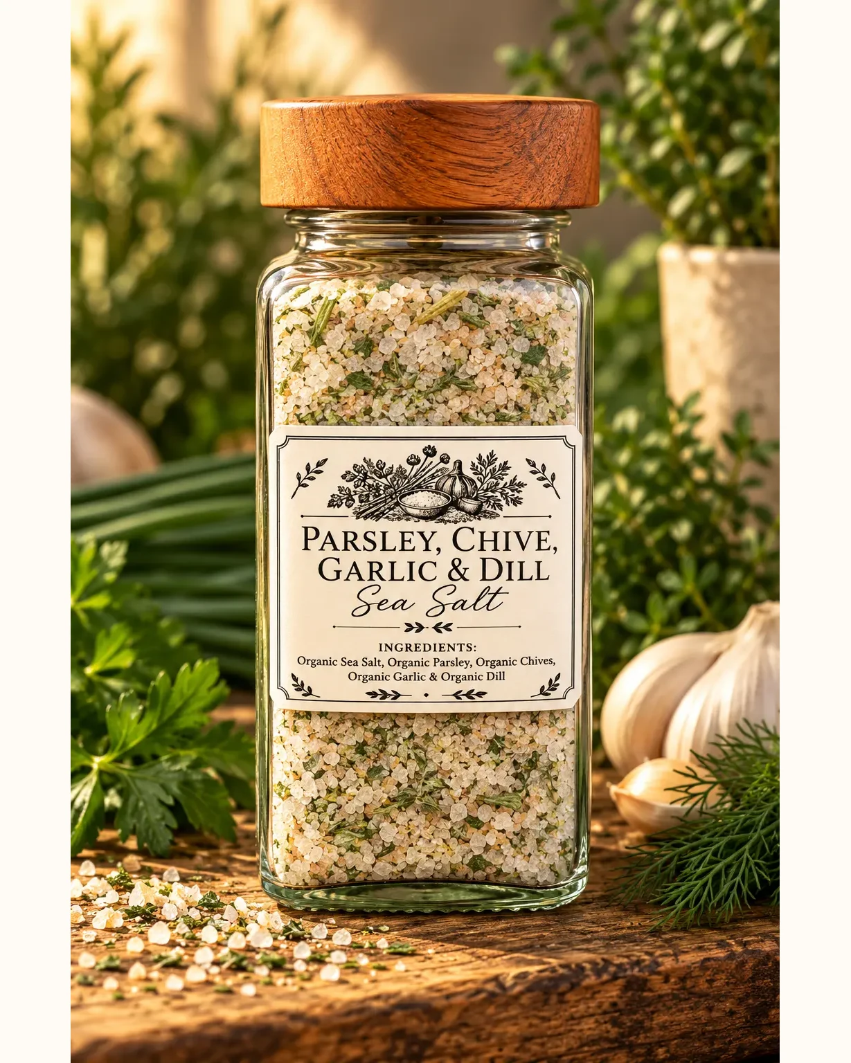 Parsley, Chive, Garlic & Dill sea salt in a clear jar with a wooden lid, on dark wood with parsley, chives, dill and garlic