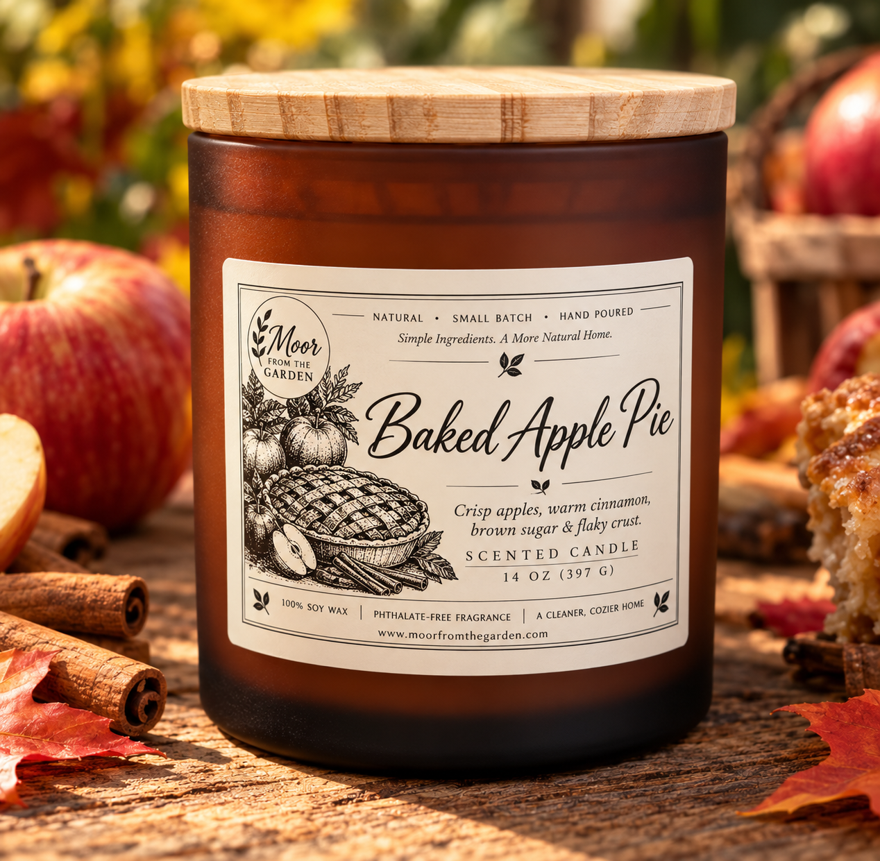 Baked Apple Pie candle on a rustic wooden table with apples, cinnamon sticks and autumn leaves