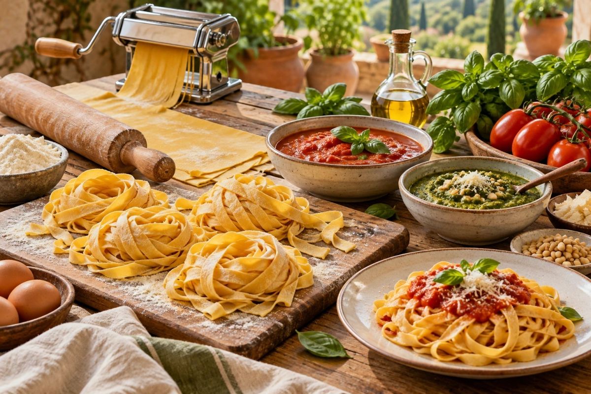 Fresh pasta nests, tomato sauce and basil pesto on a rustic table
