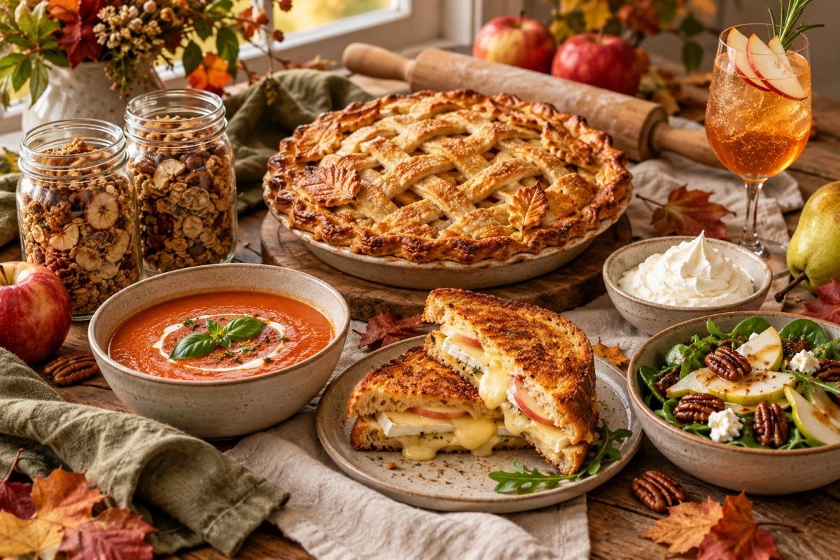 Autumn table with apple pie, soup, salad and jars of trail mix