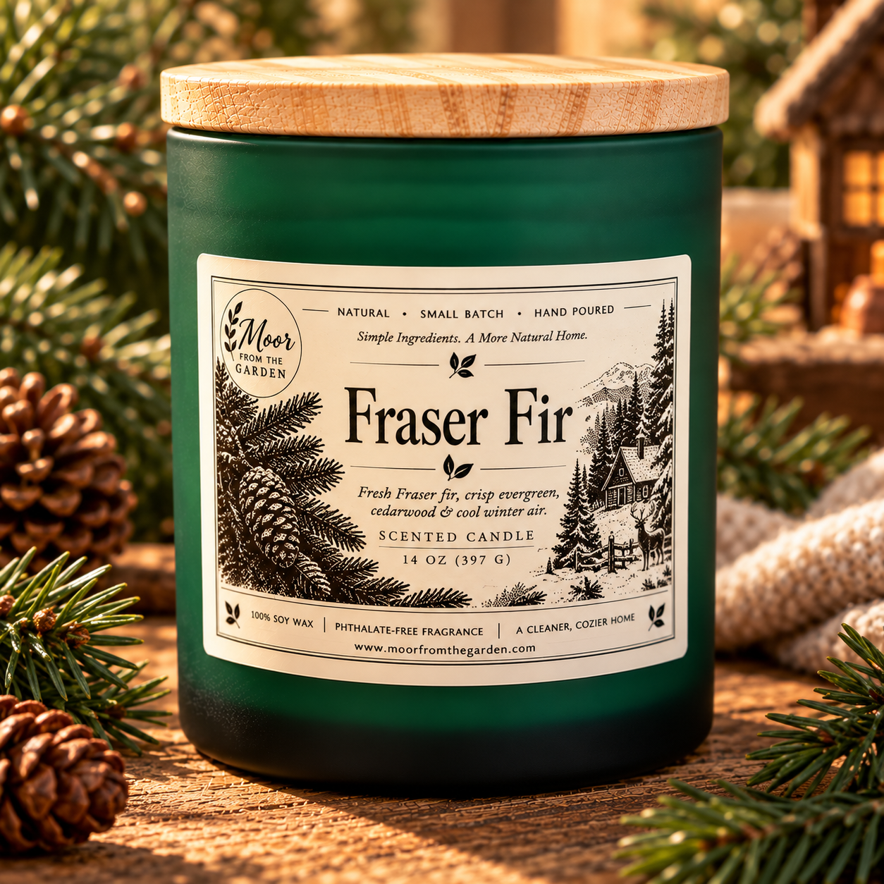 Fraser Fir candle in a green jar on weathered wood with pine branches, pinecones and a knit blanket