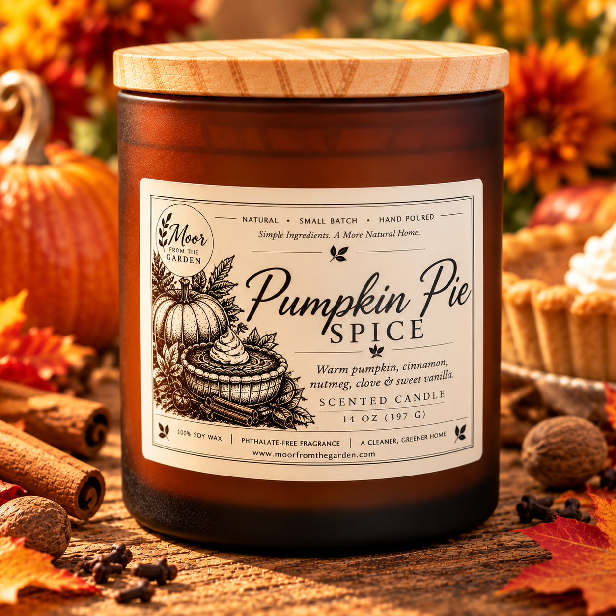 Pumpkin Spice candle on a rustic table with a pumpkin, cinnamon sticks, nutmeg and autumn leaves