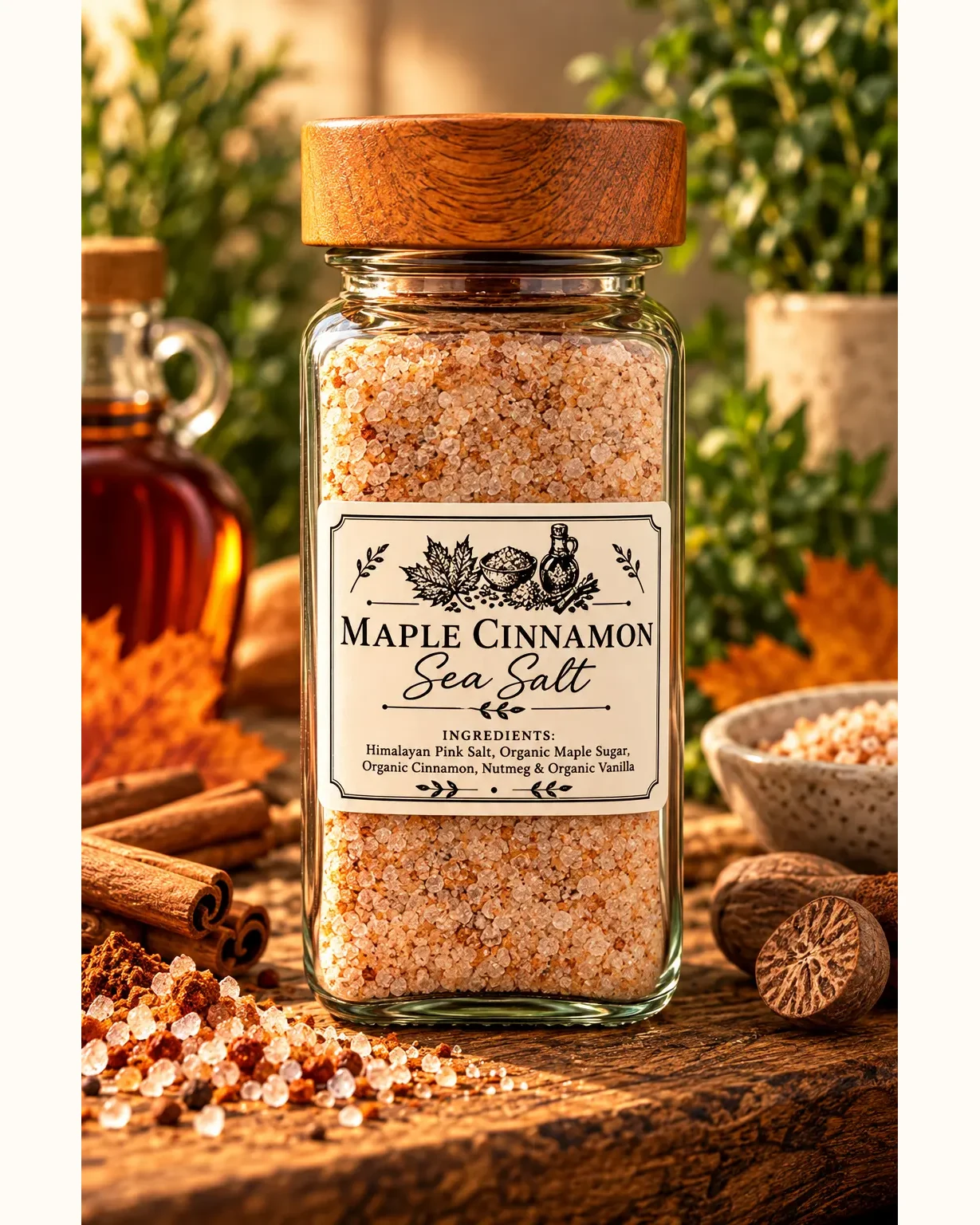 Maple Cinnamon sea salt in a clear glass jar with a wooden lid
