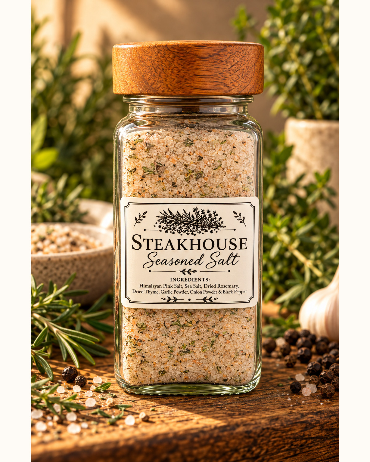 Steakhouse seasoned salt in a clear jar with a wooden lid, on weathered wood with peppercorns, rosemary and garlic