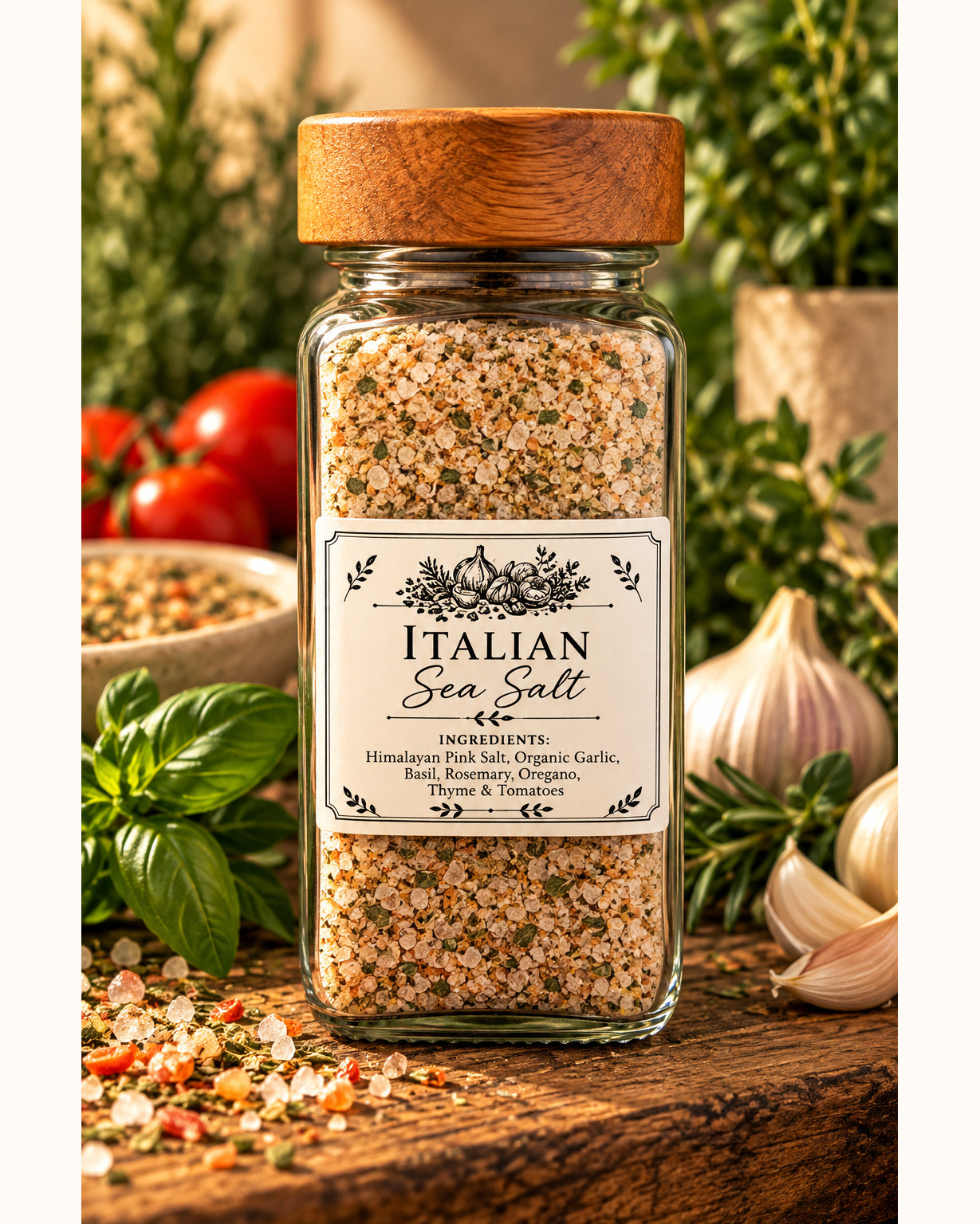 Italian sea salt in a clear jar with a wooden cap, on a rustic wood board with basil, tomatoes, garlic and rosemary