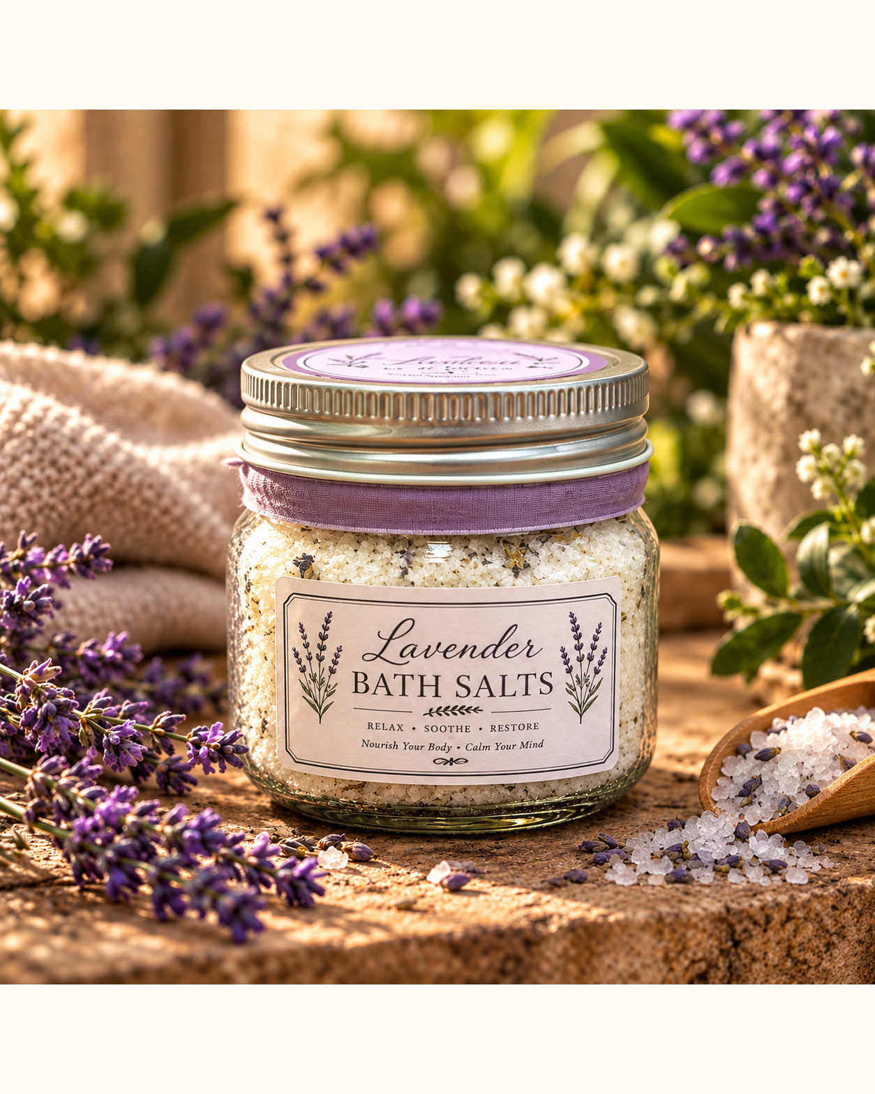Lavender bath salts in a clear glass jar with a ribbon, on a stone ledge with lavender sprigs and a wooden scoop