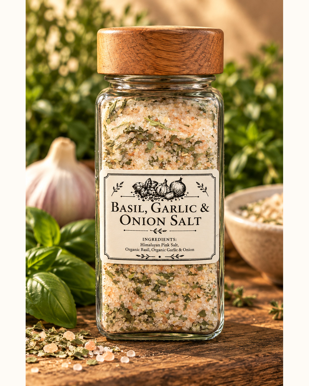 Basil, Garlic & Onion salt in a clear jar with a wooden lid, on a grooved wooden table with fresh basil, a garlic bulb and a bowl of the blend