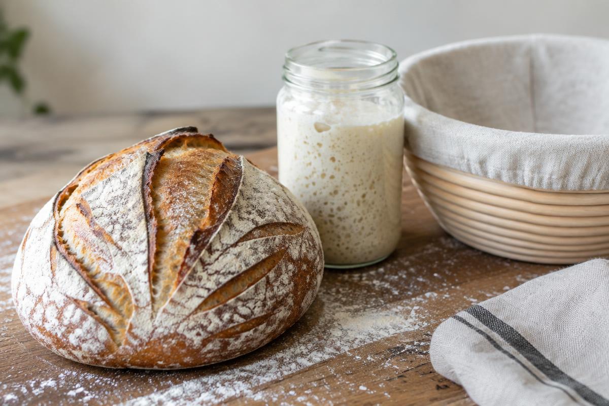 A scored sourdough loaf beside a jar of active starter and a proofing basket
