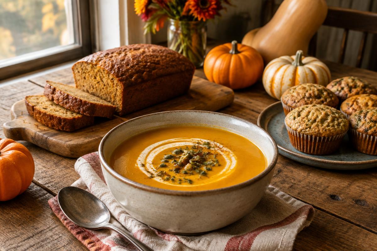 Butternut squash soup, pumpkin bread and zucchini muffins on a wooden table